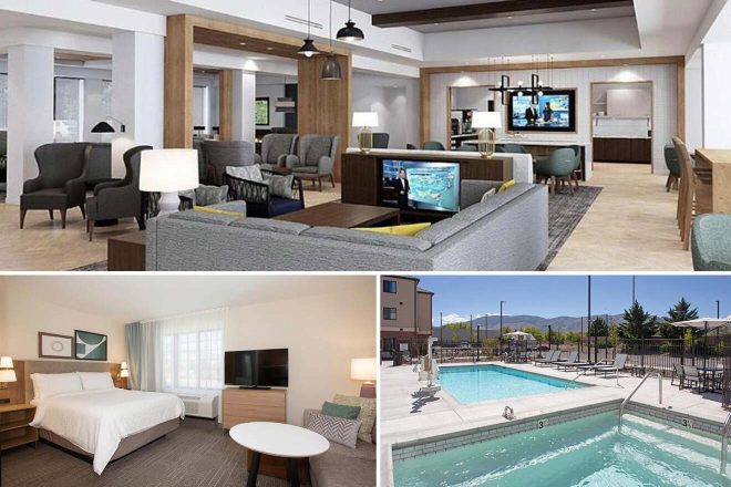 A collage of three hotel photos to stay in Lake Tahoe: a chic hotel lobby with contemporary furniture and décor, a bright bedroom with minimalist design, and an outdoor swimming pool with ample lounge seating and mountain views in the distance.